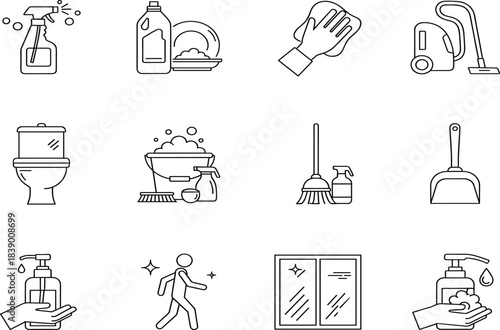 Comprehensive Cleaning and Hygiene Vector Line Icons Set, Including Vacuum, Spray, Toilet, Hand Washing, and Housekeeping Equipment Symbols