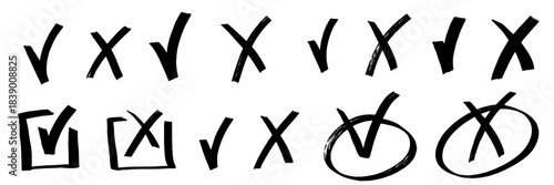 Hand-drawn x marks and v doodles mix with bold check strokes and check signs, created with marker texture and marker lines plus rough brush details and brush accents.