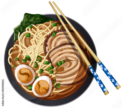 Authentic Japanese Ramen Noodle Bowl with Chopsticks Vector Illustration: Top View of Rich Broth Soup with Pork Chashu Slices, Soft Boiled Ajitama Egg, Nori Seaweed, and Scallions