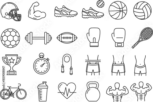 Fitness and Gym Line Art Vector Icon Set Featuring Exercise, Weightlifting, Bodybuilding, Athletics, Sports Equipment, and Healthy Lifestyle Graphics Collection