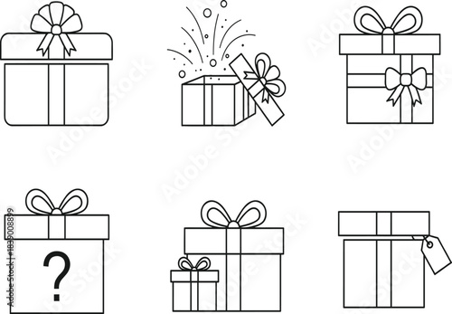 Gift Box Line Art Vector Icon Set Featuring Wrapped Presents, Exploding Surprise, Mystery Prize, Question Mark, and Commerce Holiday Graphics