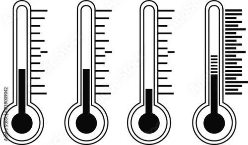 Set of Temperature Thermometer Vector Icons in Black and White Outline, Indicating Measurement, Climate Control, Health, and Fever Monitoring