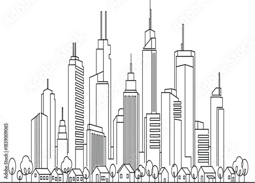 Modern City Skyline Line Art Vector Illustration Showing Downtown Skyscrapers and Suburban Houses for Real Estate, Urban Development, and Architecture Design