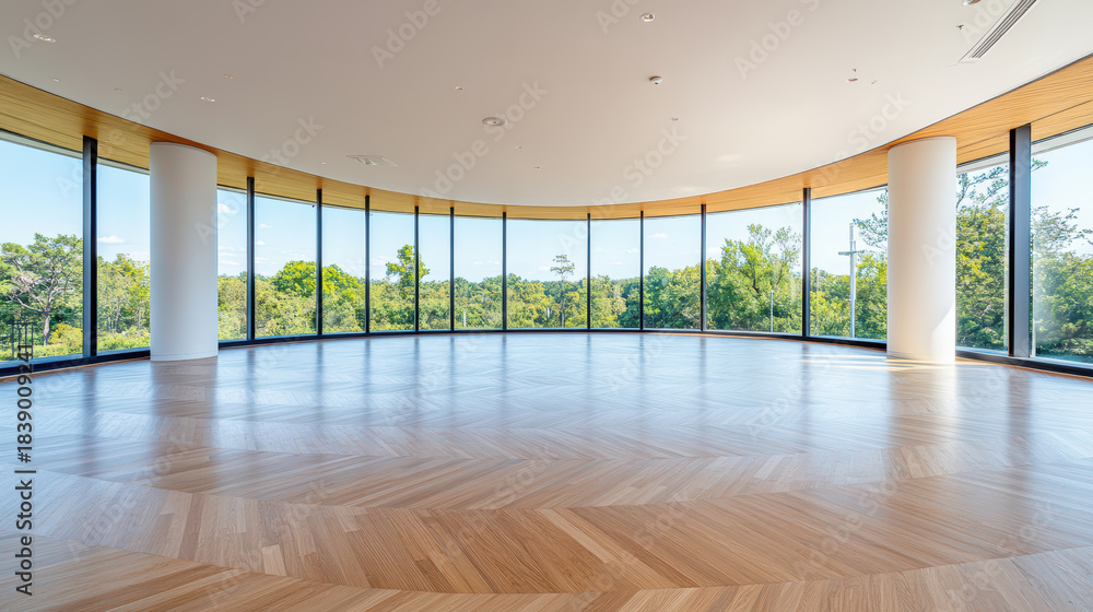 Naklejka premium Panoramic empty observation deck with floor to ceiling windows and forest view