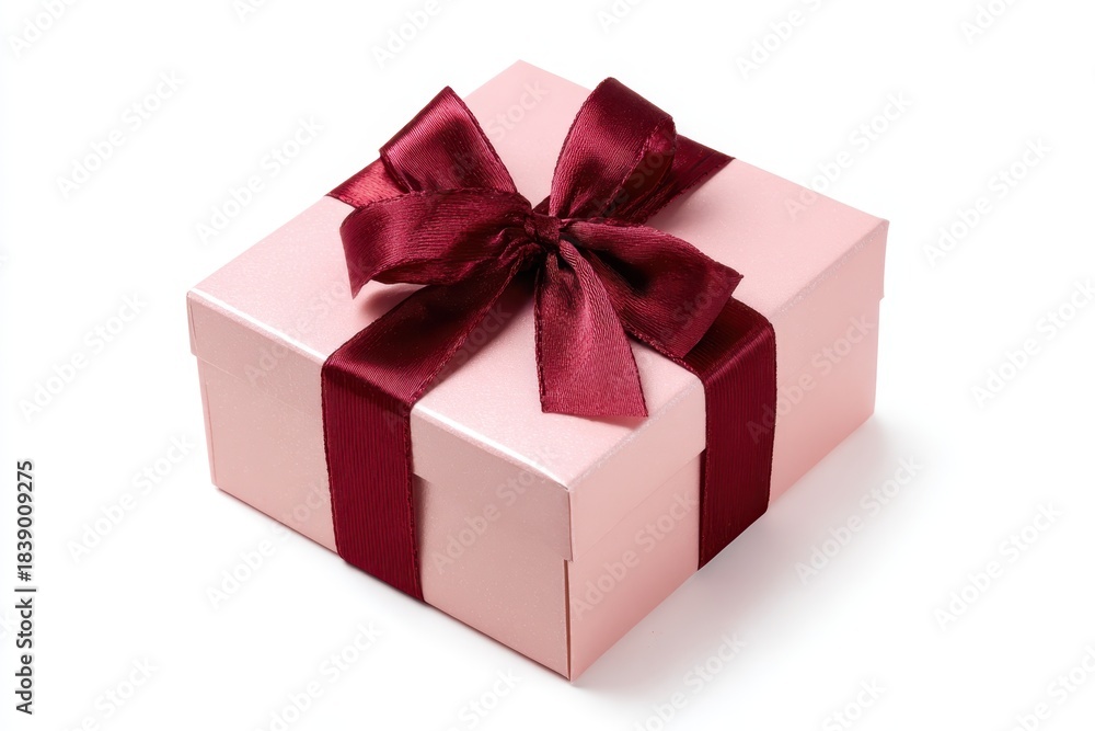 Obraz premium Gift box. One pink colored present box tied maroon velvet ribbon and bow. Joy, anticipation of receiving presents. Single 3D Giftbox neat isolated white backdrop. Distinctive festive Christmas gifts.