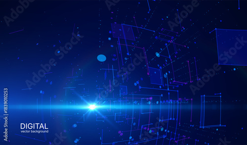Abstract geometric background of big data space, with grid of square shapes and glowing connection dots. Network infrastructure, data centers, cloud storage mapping, digital communication frameworks
