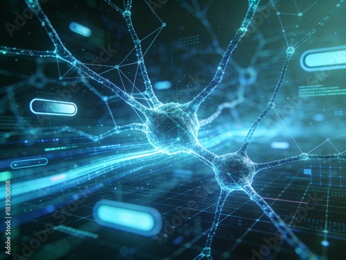 Close-up of a High-Tech Digital Neuron Cell with Glowing Blue Connections and Abstract Data Background. AI and Neuroscience Concept