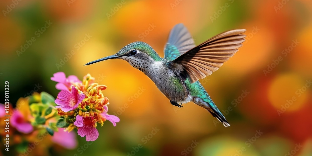 Obraz premium Hummingbird flying and approaching a pink and orange flower