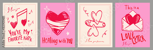Creative concept of Happy Valentines Day cards in trendy hand drawn doodle style. With Music and Hearts,  Safety Pin Heart, bandaged heart, Love Letter.