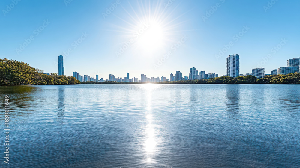 Fototapeta premium Radiant blue skyline reflection over calm lake with bright sun and serene mood