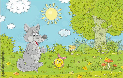 Big grey hungry wolf and cheerful freshly baked round loaf Kolobok talking on a path in a thicket of a green fairytale forest, vector cartoon illustration