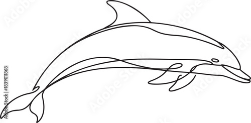 Continuous one line drawing of beautiful jumping dolphin swimming in deep ocean waters