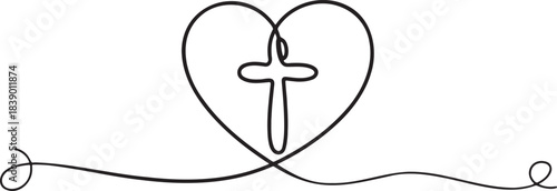 Continuous one line drawing of christian cross inside heart shape symbolizing love faith and religious devotion minimalist style