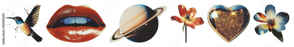 Obraz premium PNG Vibrant cosmic floral collage, element set on transparent background