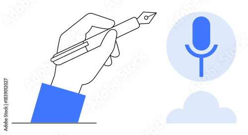 Writing, audio recording, communication tools, creativity, content creation, media production. A hand holding a pen and a microphone icon in a minimalist style. Writing and audio recording concept