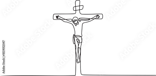 Religious continuous single line drawing depicting figure on cross symbol of faith spirituality and sacrifice