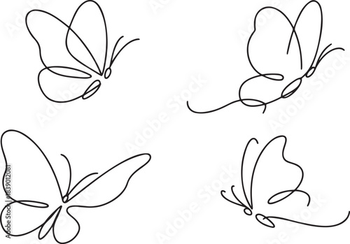 Set of four continuous line drawing butterflies in various flying poses and angles