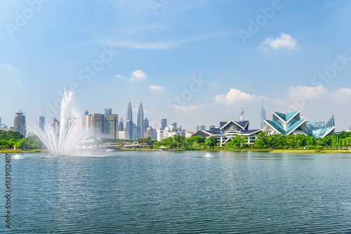 Photography Awesome Kuala Lumpur skyline. Scenic lake and fountains