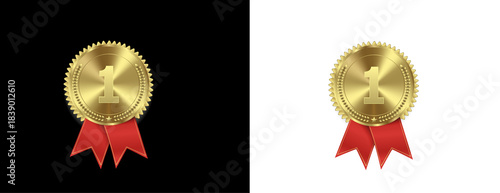 Gold medals with red white blue ribbons, award victory symbol on transparent background.