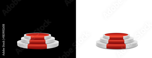 3d round podiums with red carpet steps on black and transparent background