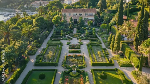 Stunning aerial view of Cannes showcasing the lush roseraie garden and surrounding landscape, aerial view of Cannes and the roseraie garden