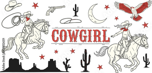 Hand drawn vintage western style illustration set with cowgirls on horses, cowboy hats, revolvers, eagles, lasso, spurs, cacti, and desert landscape elements