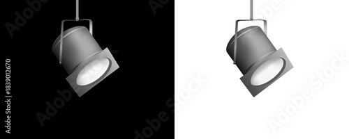 Realistic stage spotlights hanging and shining on black background creating dramatic theatrical lighting effect.