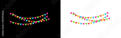 Colorful party bunting flags garland on black and transparent backgrounds.