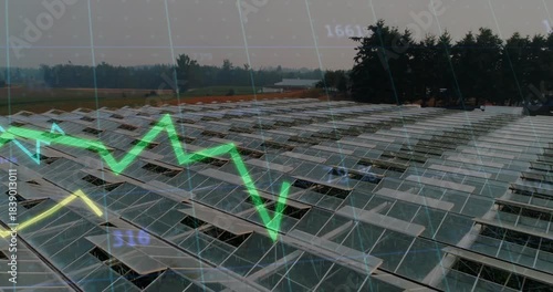 Glass-roofed solar arrays centered, grid sweeping in from left, colored lines moving to show output