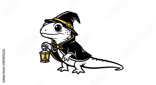Charming Halloween Vector Illustration: Cute Lizard Character Dressed as a Wizard with Lantern