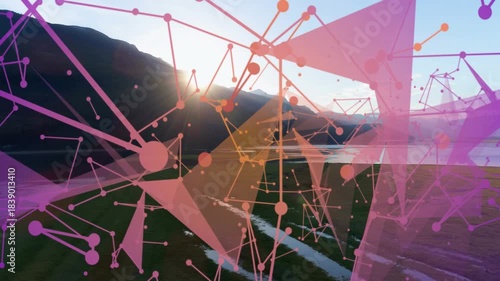 Sun nearing ridge, geometric network overlay moving into valley, expanding and mapping connectivity