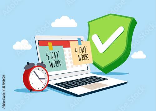 Laptop with green check mark. 4 or 5 Day Work Week. Decision and choice. Make company 4 day work week. Flat vector illustration. 
