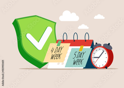 4 or 5 Day Work Week with green check mark. Decision and choice. Make company 4 day work week. Flat vector illustration.