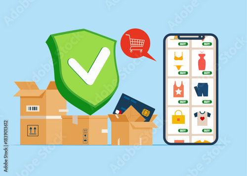 Good recommendation. Reliable online store. Store with green check mark. Shopping online using mobile phone. You choose the goods to online shopping. Flat vector illustration. 