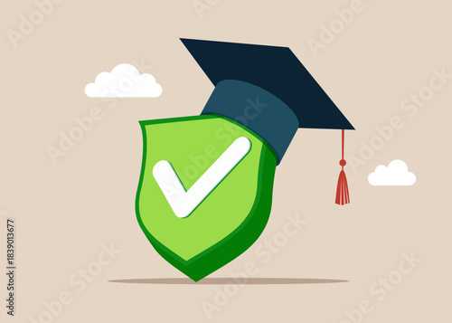 Green check mark wearing academic mortarboard hat. Study abroad world education curriculum, overseas school, college and university. Vector flat illustration 