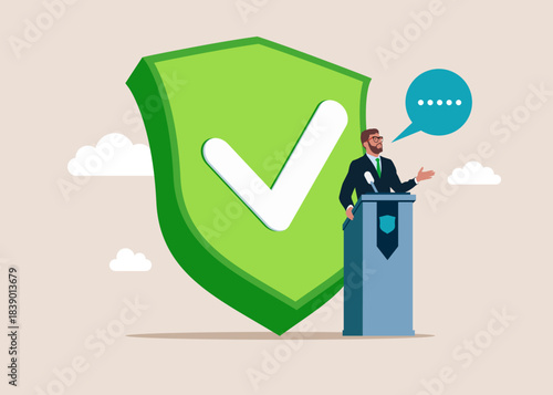 Businessman leader or politician with green check mark. Politician speaks about truth to win the election concept. Vector flat illustration