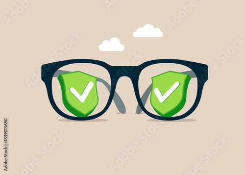 Glasses with green check marks. Clear business vision and see through lenses in details and clear business outlook. Complete task, accomplishment or project. Flat vector illustration