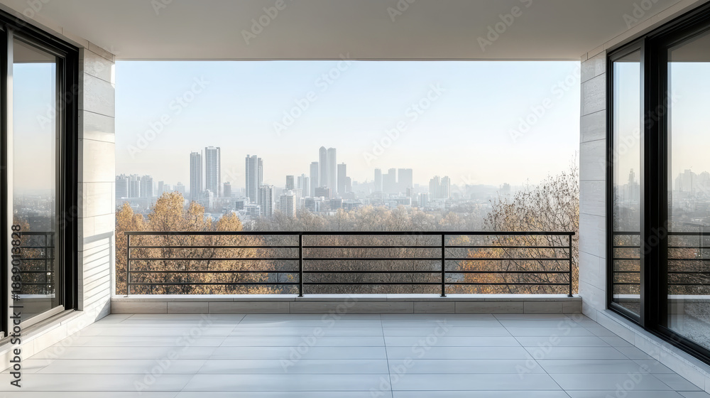 Obraz premium Modern apartment balcony with city skyline and autumn trees in soft haze