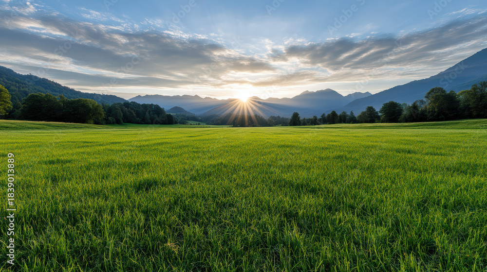 Fototapeta premium Sunrise mist valley peaceful meadow with golden sunburst over green field