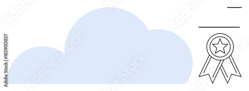 Cloud computing, data safety, certification, trust, network reliability, digital security. A cloud shape with a certification badge. Cloud computing and data safety visualization