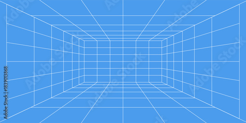 3d wireframe grid room. 3d perspective laser grid 16 9.. Cyberspace blue background with white mesh. Futuristic digital