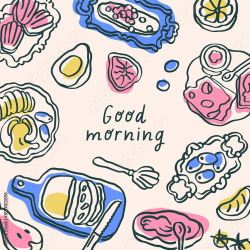 Good Morning card design. Hand-drawn doodle framed square background with morning food, sketch drawings. Breakfast snacks and phrase in Dolce Vita scribble style. Handdrawn vector illustration