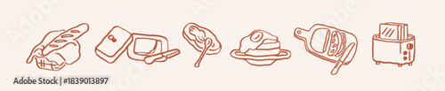 Doodle breakfast food set. Hand-drawn sketches, outline scribble baguette, butter, bread, pancakes with egg, toaster in contour Dolce Vita style. Vector illustrations isolated on white background