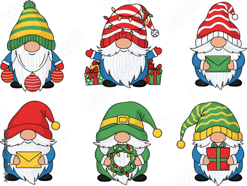 Christmas Gnomes Vector Set Holiday Cartoon Illustration Bundle Scandinavian Nordic Trolls Cute Dwarves Festive Winter Design Elements Isolated Clipart