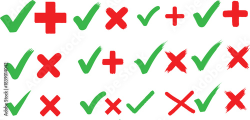 Collection of Hand-Drawn Green Checkmarks and Red Crosses in Various Styles, Indicating Options and Decisions