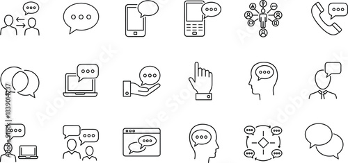 Digital Communication Icons Vector Set, Network and Social Connection Symbols for Mobile, Laptop, Chat, Brainstorming, Support, Service, Dialogue, Conversation, Idea Exchange