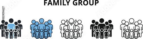 Diverse family group icon set representation of unity, community, and social organization; depicting parents, children, and adult members standing together in support and happiness, emphasizing 