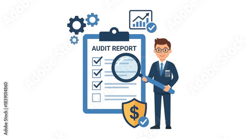 Confident auditor reviewing financial reports for accuracy with magnifying glass, ensuring compliance and growth in modern business setting