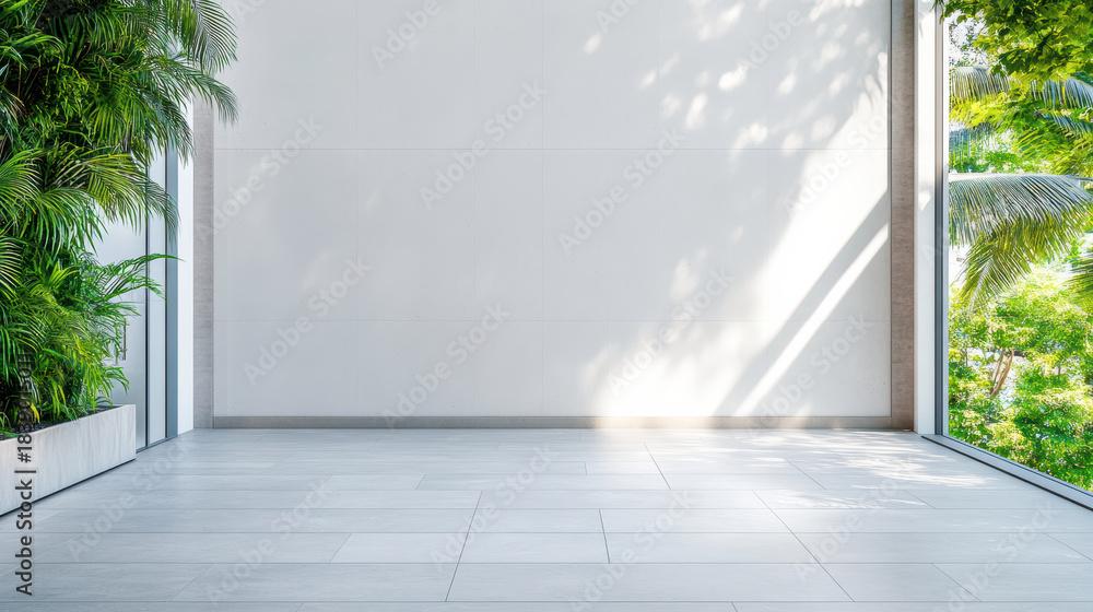 Fototapeta premium Bright empty modern interior with large windows and lush plants creating calm sunlight
