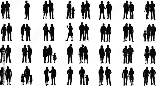 Silhouettes of diverse groups, couples, and families standing together, representing connection, community, and social interactions in various modern urban environments as detailed black 